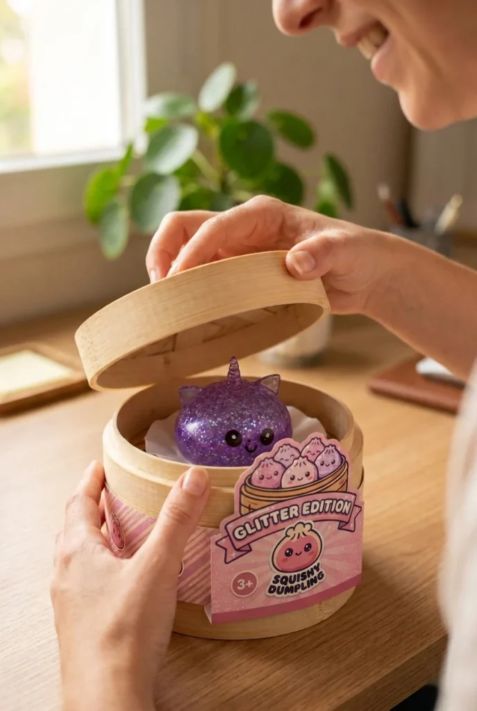 Dumpling Squishy Eenhoorn Glitter Paars tijdens het uitpakken