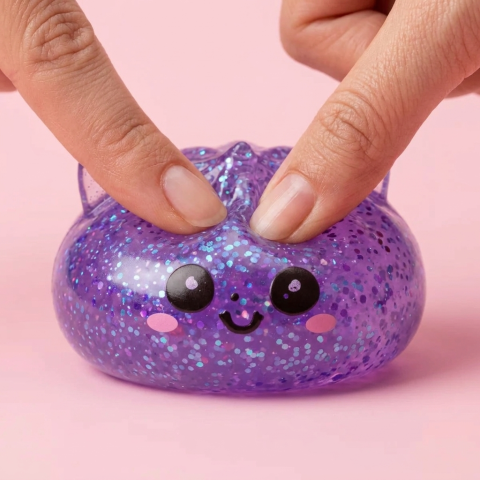 Dumpling Squishy Eenhoorn Glitter Paars tijdens het knijpen, zacht materiaal