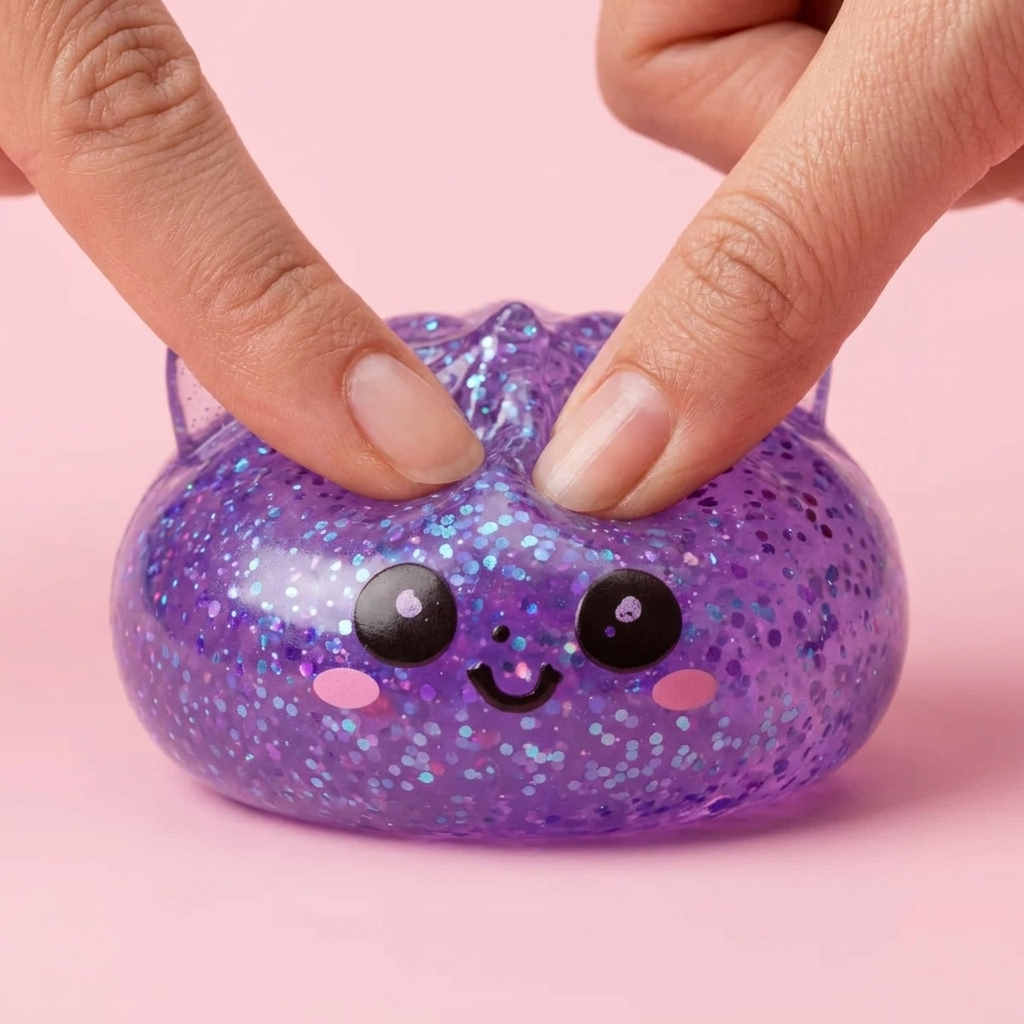 Dumpling Squishy Eenhoorn Glitter Paars tijdens het knijpen, zacht materiaal