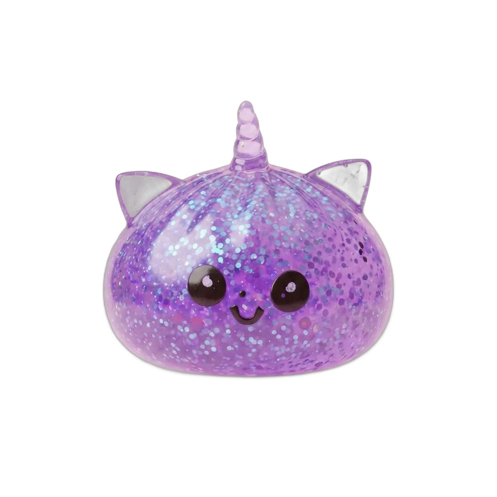 Dumpling Squishy Eenhoorn Glitter Paars tijdens het knijpen, zacht materiaal