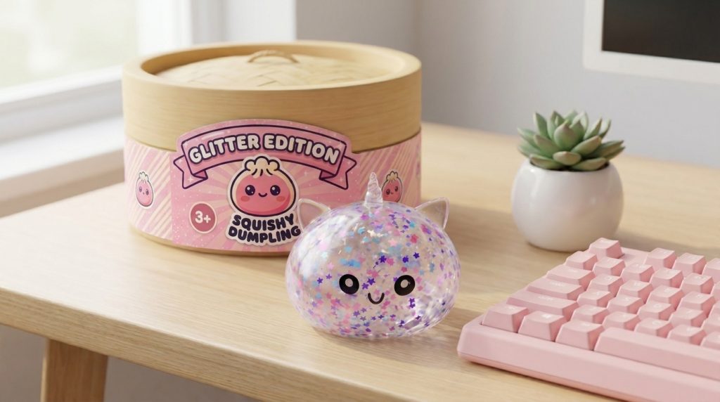 Dumpling Squishy Unicorn Sparkle Wit in zijn kawaii omgeving