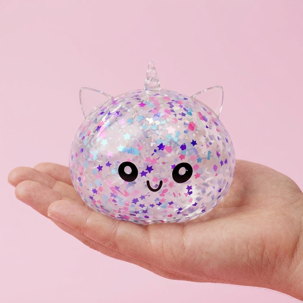 Dumpling Squishy Unicorn Sparkle Wit in de hand gehouden, echte grootte