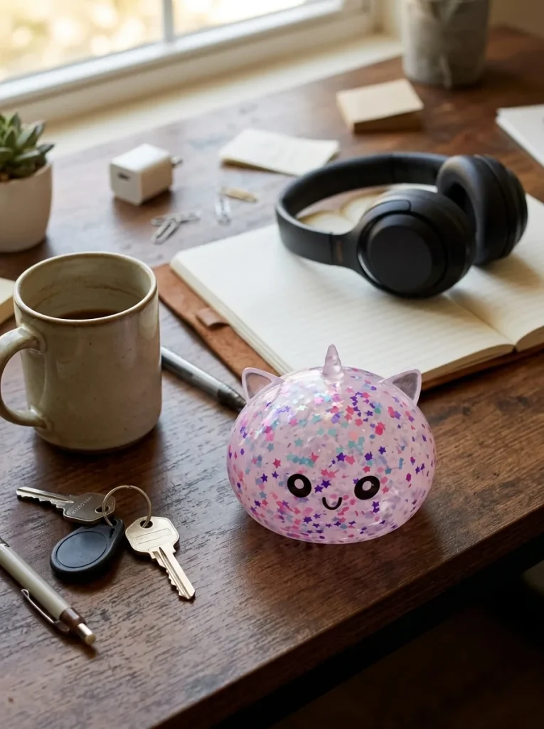 Dumpling Squishy Unicorn Sparkle Wit op het bureau