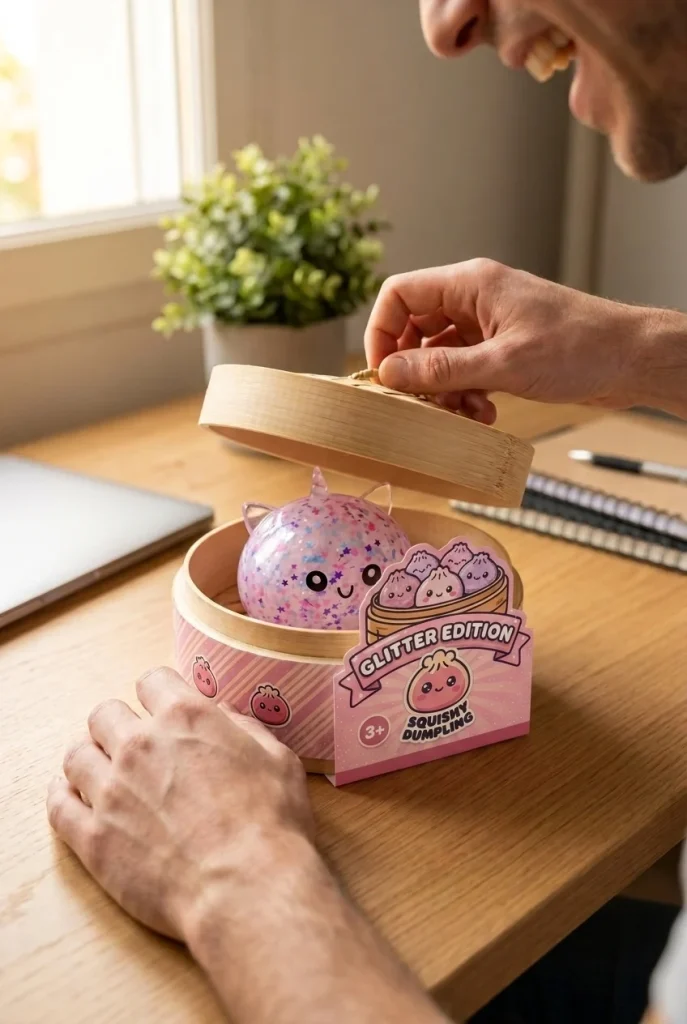 Dumpling Squishy Unicorn Sparkle Wit tijdens het uitpakken