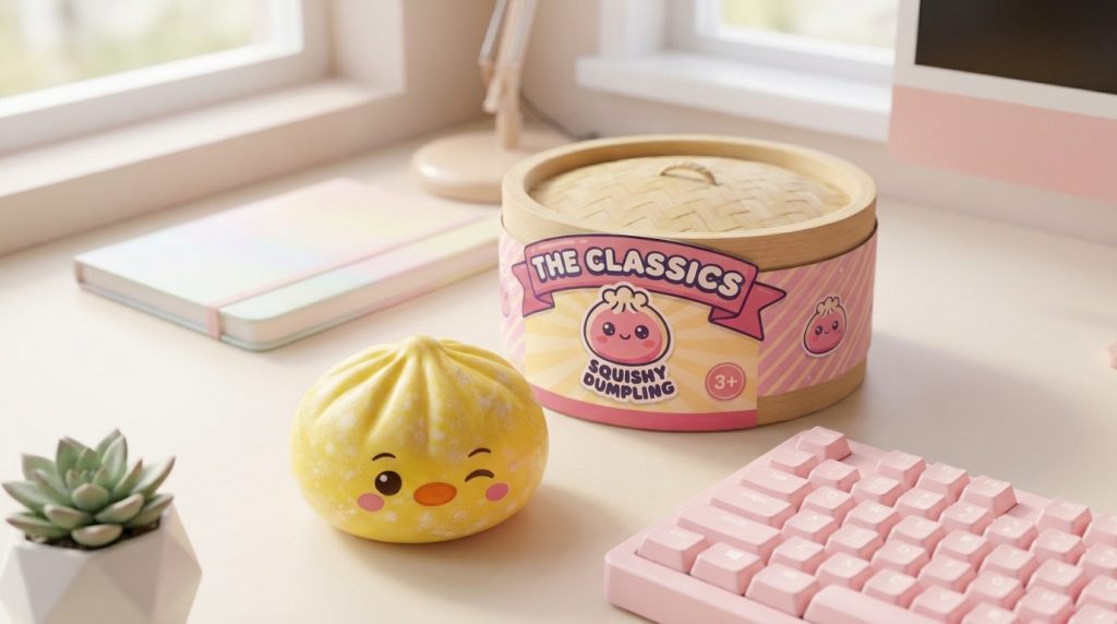 Dumpling Squishy Pinguïn Boterbloemgeel in zijn kawaii omgeving