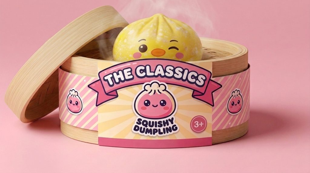 Dumpling Squishy Pinguïn Boterbloemgeel in het bamboe stoommandje