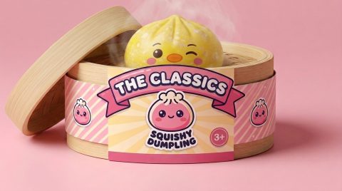 Dumpling Squishy Pinguïn Boterbloemgeel in het bamboe stoommandje