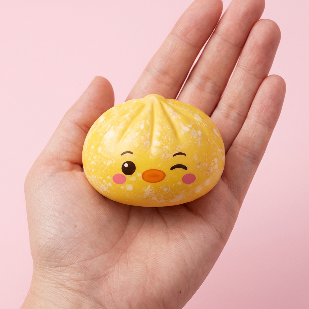 Dumpling Squishy Pinguïn Boterbloemgeel in de hand gehouden, echte grootte