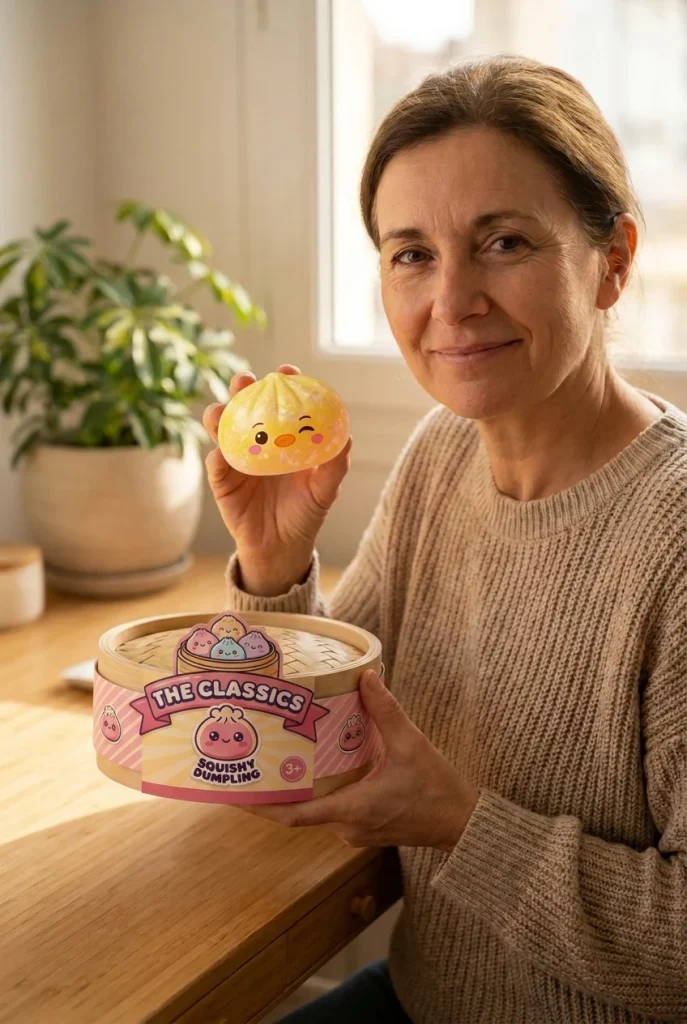 Dumpling Squishy Pinguïn Boterbloemgeel met zijn doos