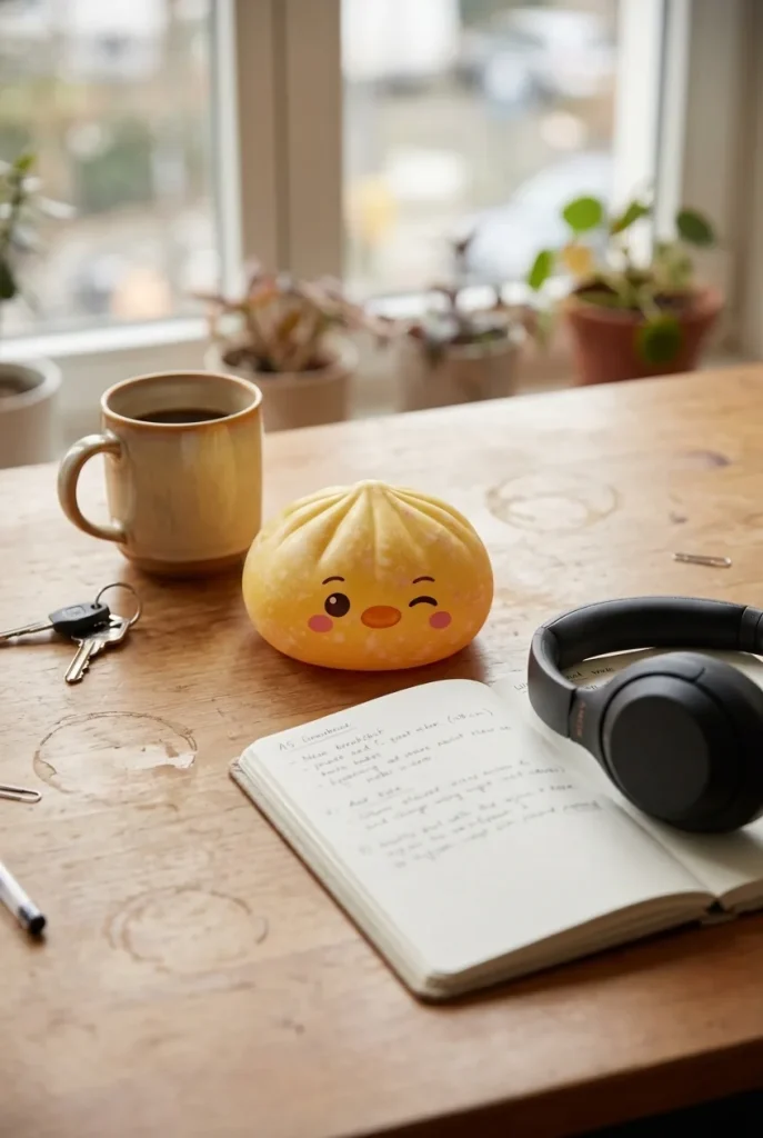 Dumpling Squishy Pinguïn Boterbloemgeel op het bureau