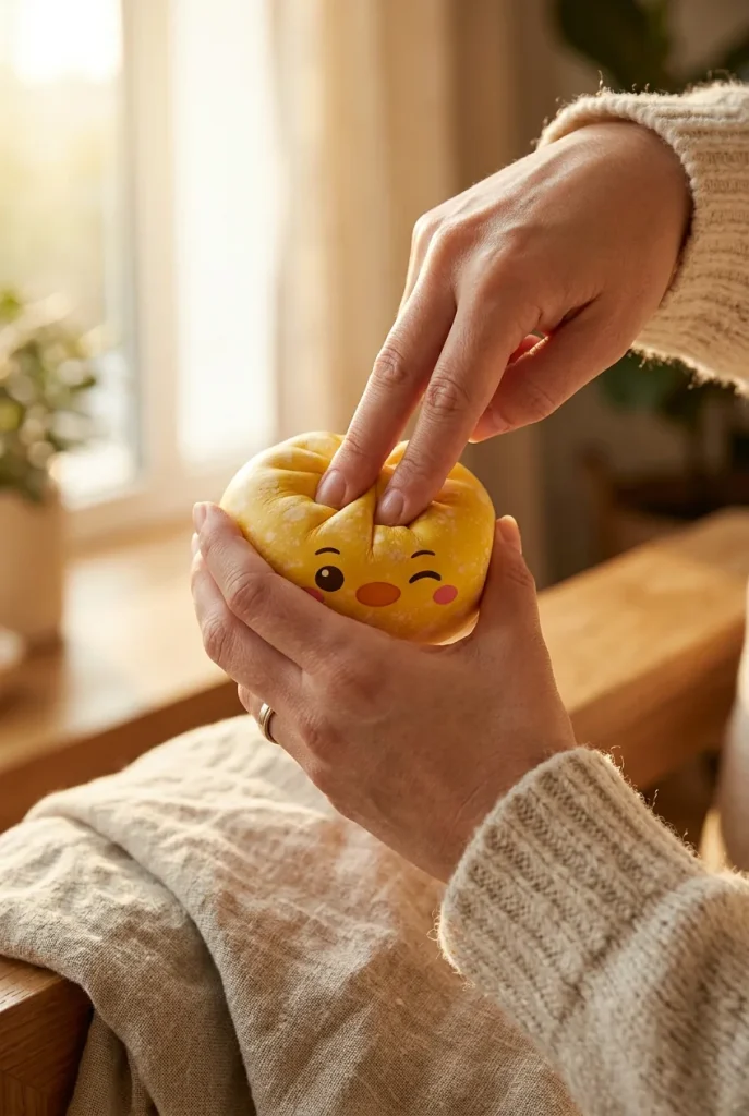 Dumpling Squishy Pinguïn Boterbloemgeel tijdens het knijpen
