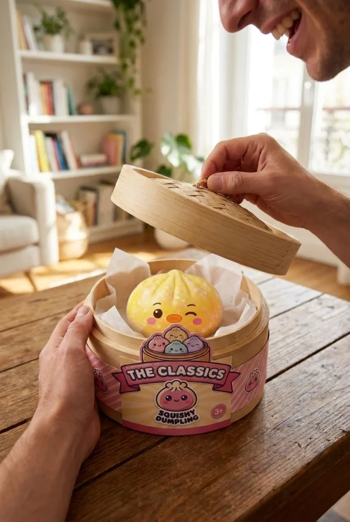 Dumpling Squishy Pinguïn Boterbloemgeel tijdens het uitpakken