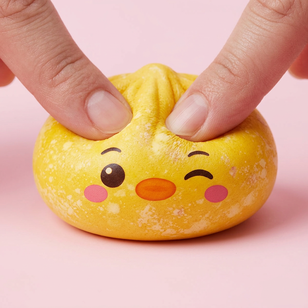 Dumpling Squishy Pinguïn Boterbloemgeel — slow-rise effect, het schuim vert langzaam terug